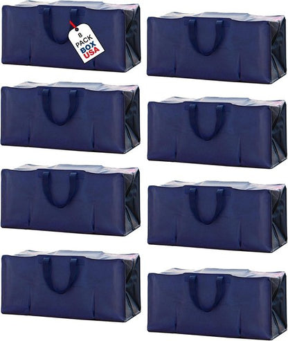 BOX USA 8-Pack Moving Bags - Heavy Duty Extra Large Storage Bags with Strong Handles & Zippers | Blue