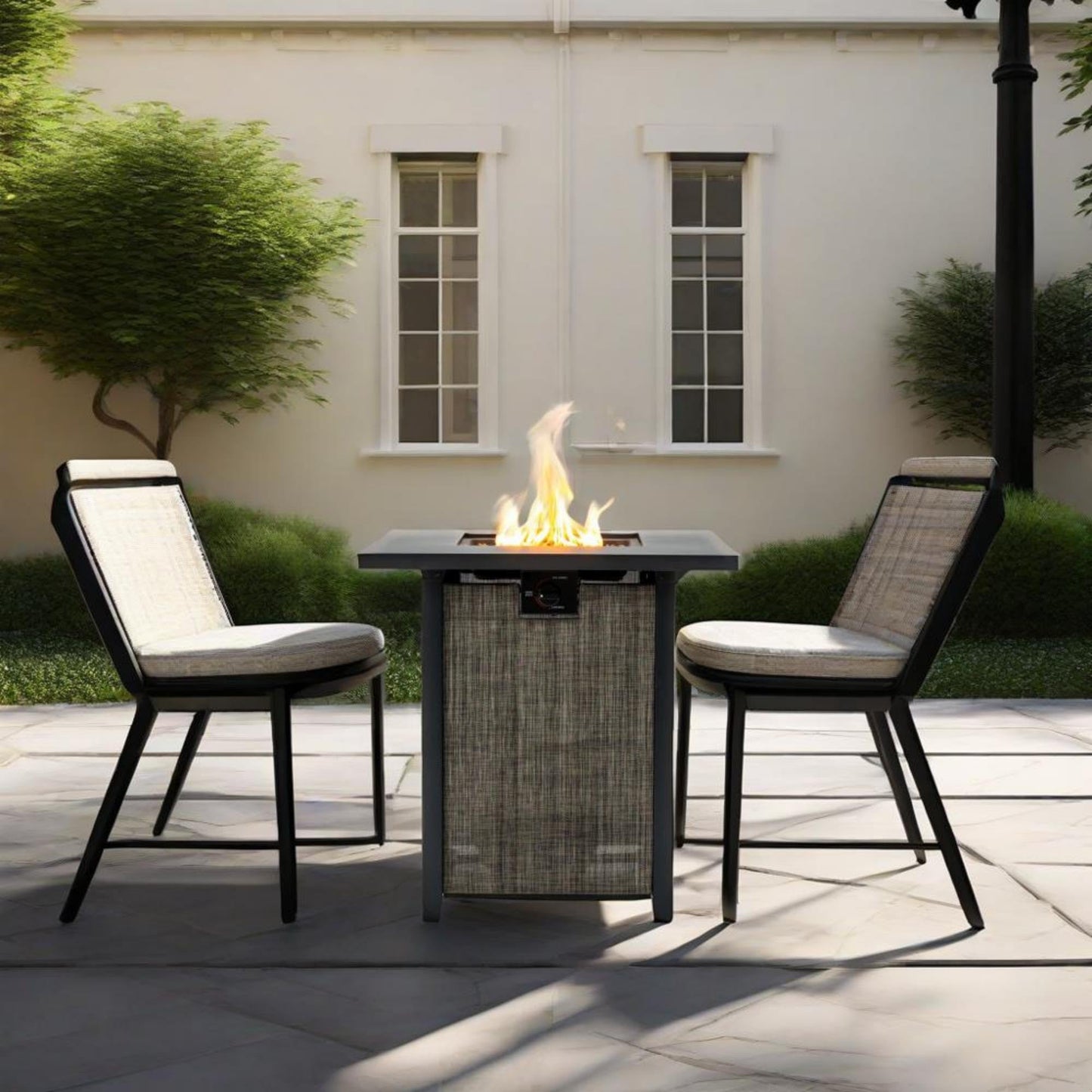 28" Propane Gas Fire Pit Table, 50000 BTU Square Outdoor Fire Pit with Steel Tabletop & Textilene Base, Patio Fire Table with Lava Rocks & Rain Cover for Backyard Deck Garden, Black