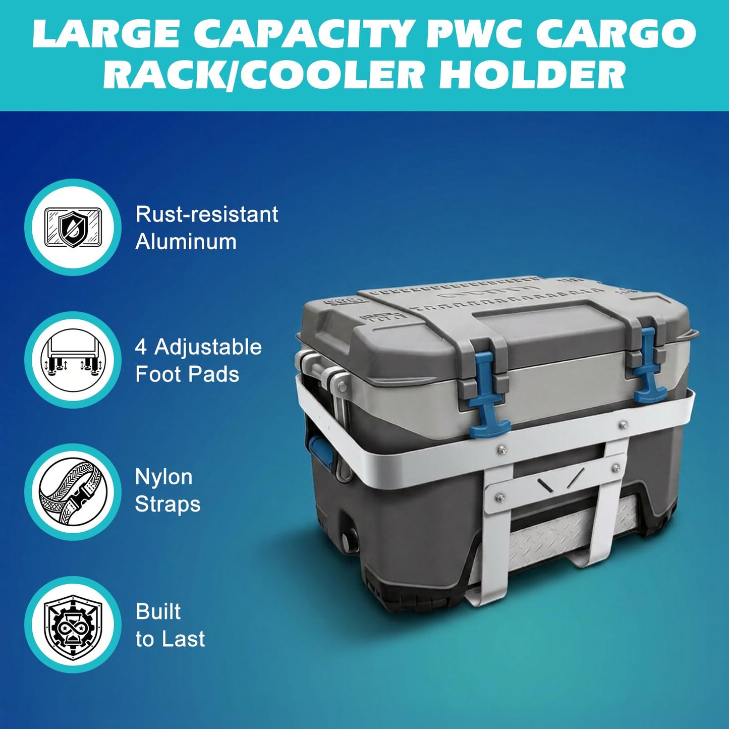 PWC Cargo Rack Aluminum Cooler Rack for Jet Ski, Adjustable Rear Platform Cargo Carrier, Compatible with RotoPax Fuel Can Mount, Heavy Duty Marine Cooler Holder for PWC ATV UTV with Straps