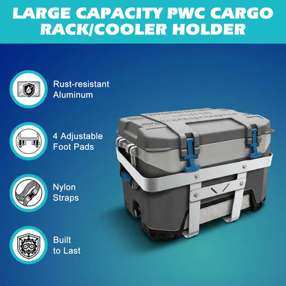 PWC Cargo Rack Aluminum Cooler Rack for Jet Ski, Adjustable Rear Platform Cargo Carrier, Compatible with RotoPax Fuel Can Mount, Heavy Duty Marine Cooler Holder for PWC ATV UTV with Straps