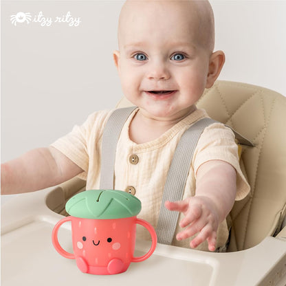 Itzy Ritzy Toddler Snack Cup - Spill-Proof Snack Cup for Toddlers with Soft Silicone Lid for Easy Food Access - Easy-To-Hold Kids Snacks Container With Handles - Ideal for 12 months & Up (Strawberry)