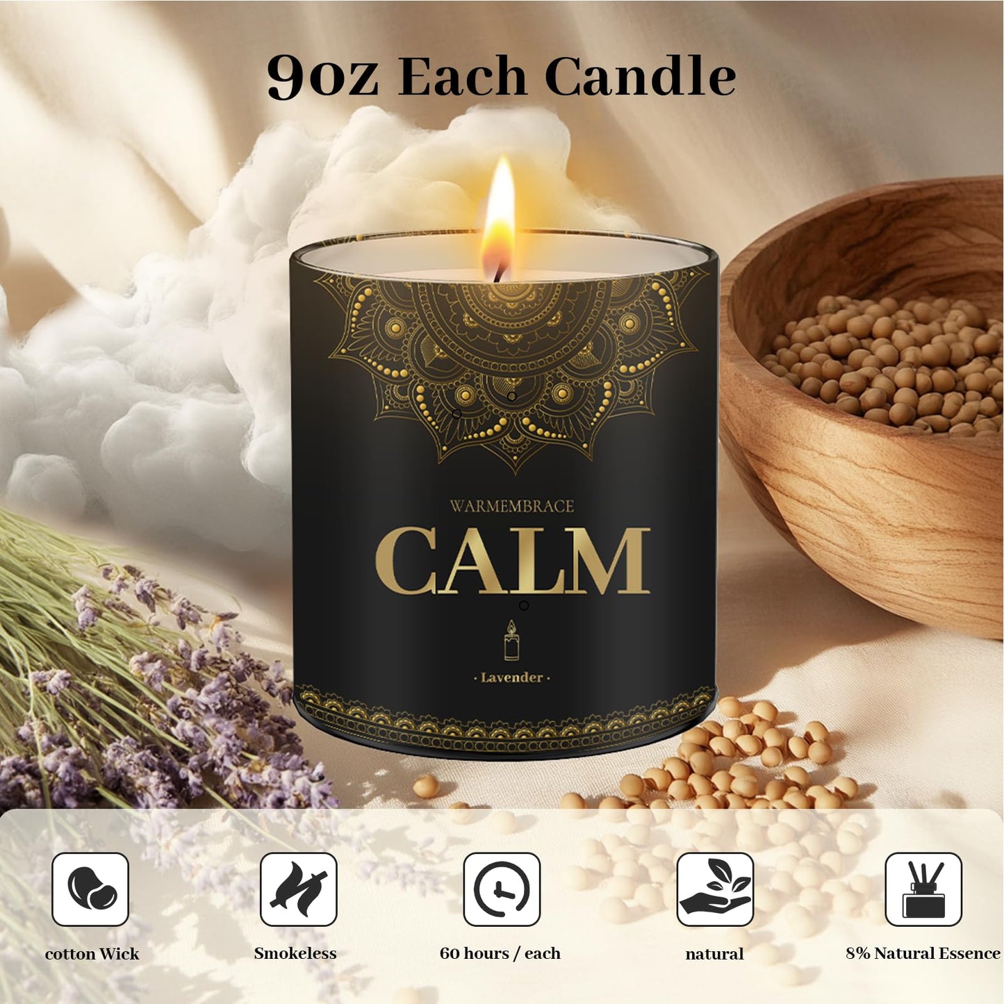 WarmEmbrace Lavender Scented Candles, 9 Oz Jar Candles for Home, Office, Meditation, Yoga, Candles for Women & Men, Mother's Day, Birthday, Christmas, Valentine's Day Present, Housewarming Gift