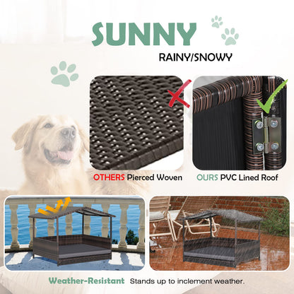 HAPPAWS Wicker Dog Bed House, Indoor Outdoor HDPE Rattan Dog Houses, Raised Dog Cot Pet House, Elevated Pets Sofa w/Washable Cover, Waterproof Roof Shelter, Removable Cushion Lounge
