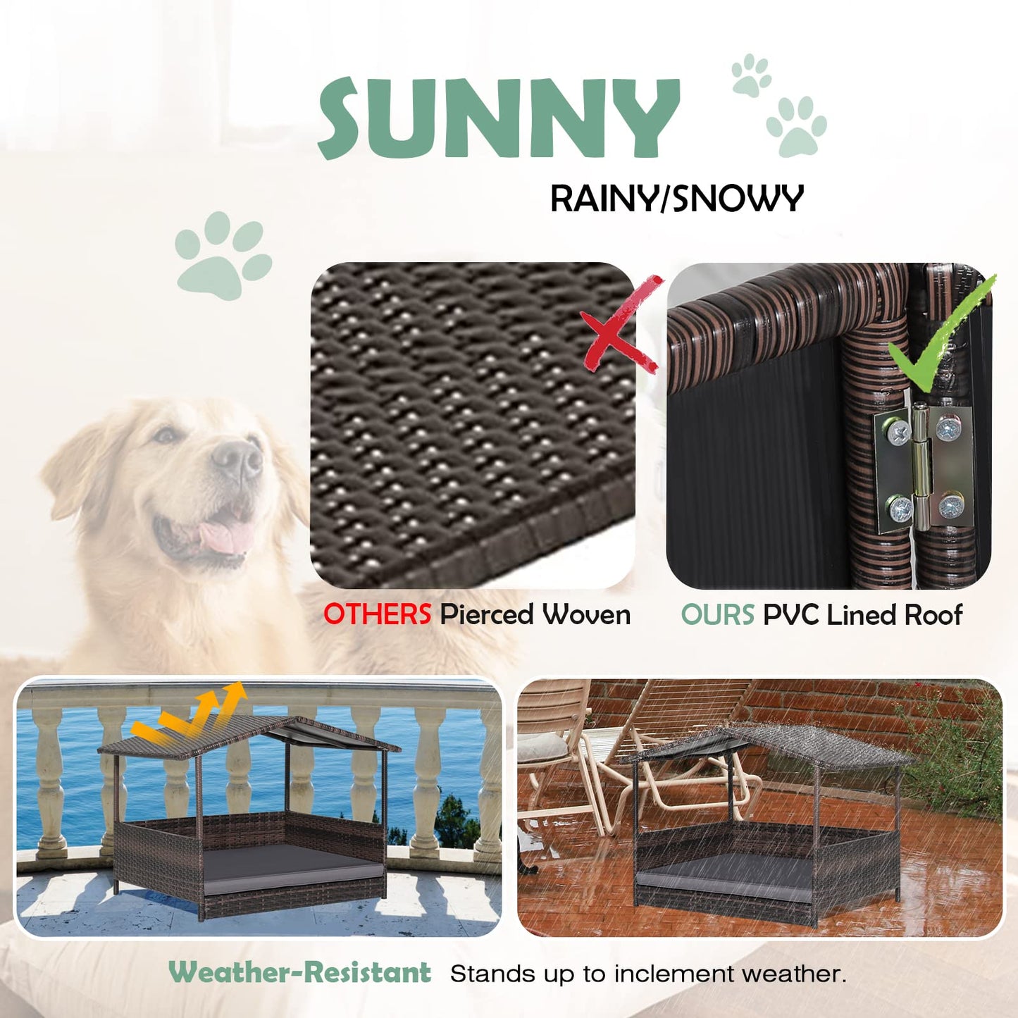 HAPPAWS Wicker Dog Bed House, Indoor Outdoor HDPE Rattan Dog Houses, Raised Dog Cot Pet House, Elevated Pets Sofa w/Washable Cover, Waterproof Roof Shelter, Removable Cushion Lounge