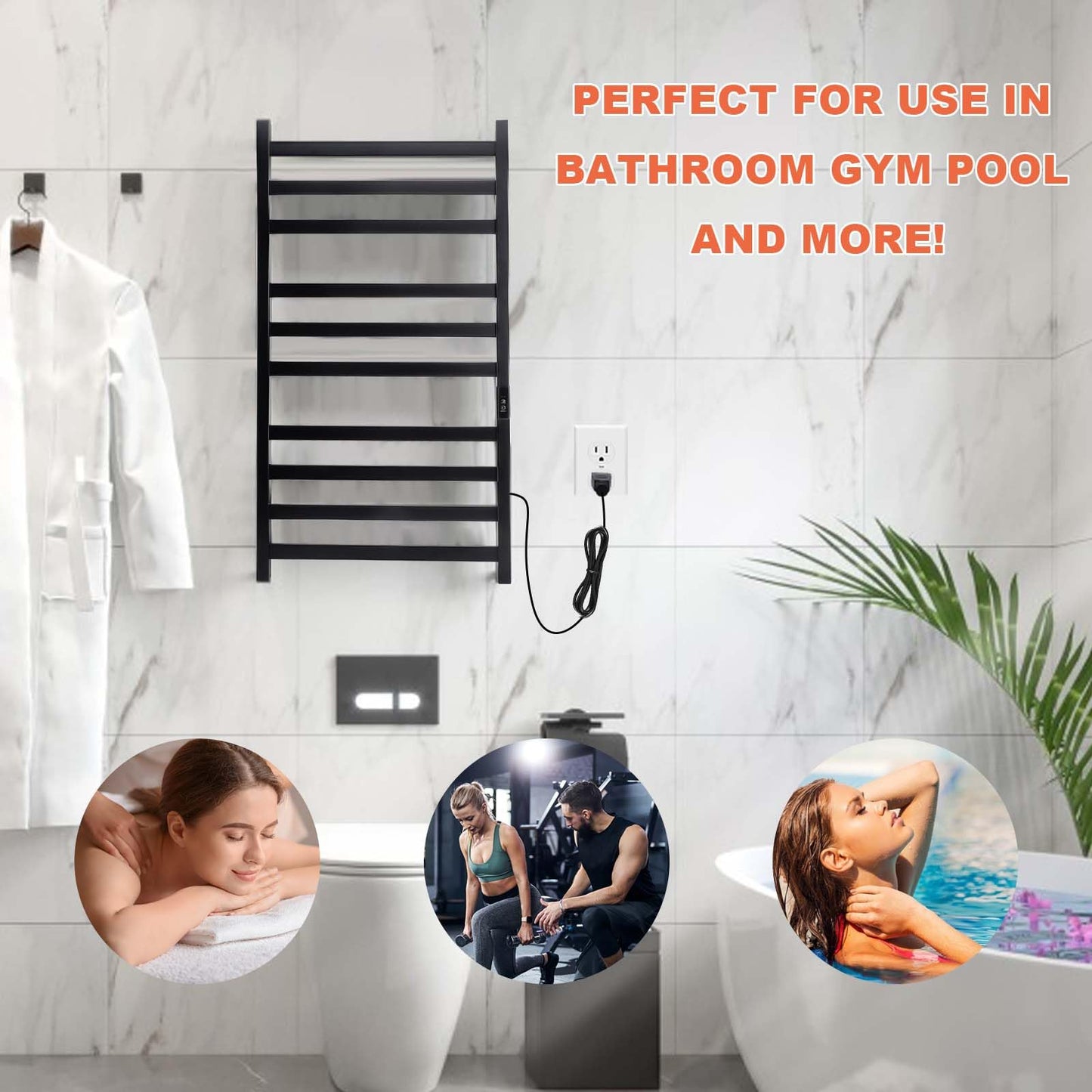 Towel Warmer Heated Towel Bar-Rack - Nopwer Bathroom Wall Mounted Electric Towel Drying Plug-in Matte Black 8 Bars