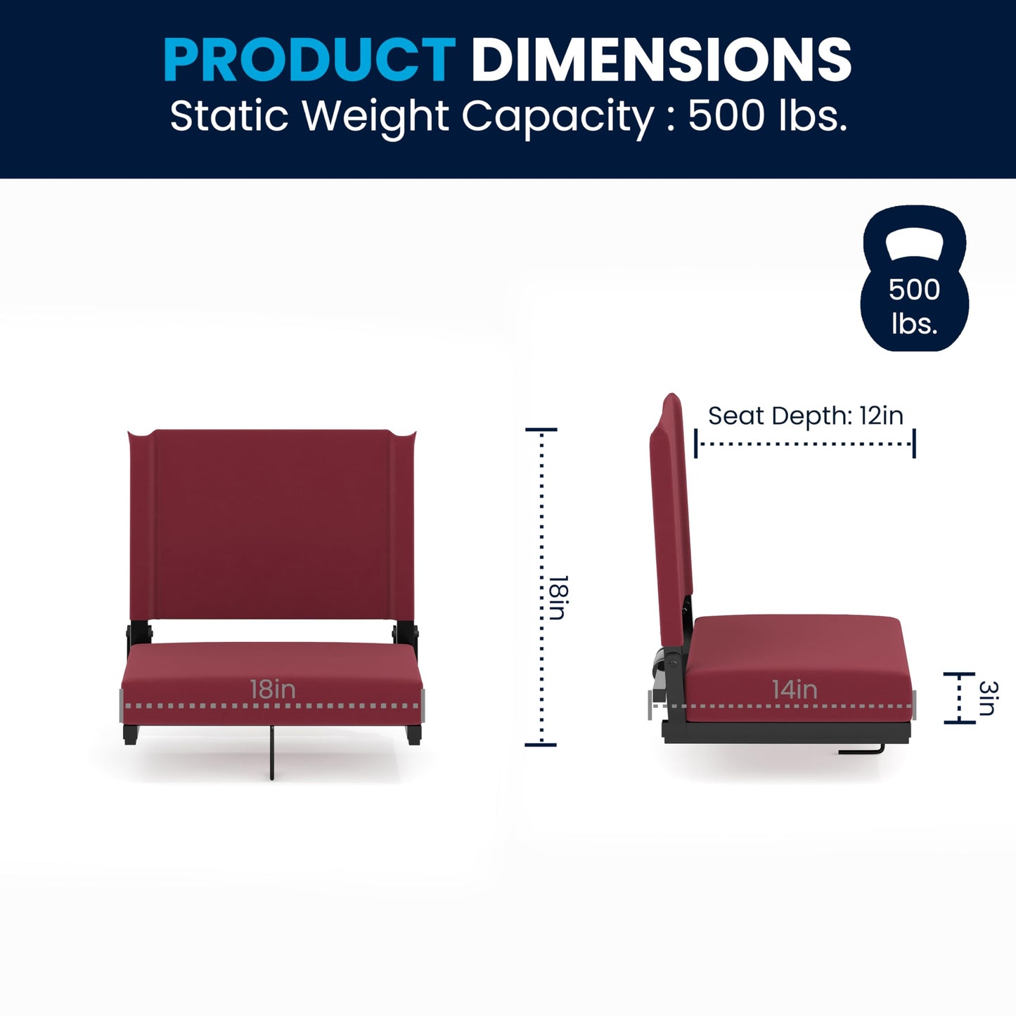 Flash Furniture Grandstand Portable Stadium Seats for Bleachers or Benches, Folding Padded Stadium Chairs with Handle, Pack of 2, 500 lb. Weight Capacity, Maroon