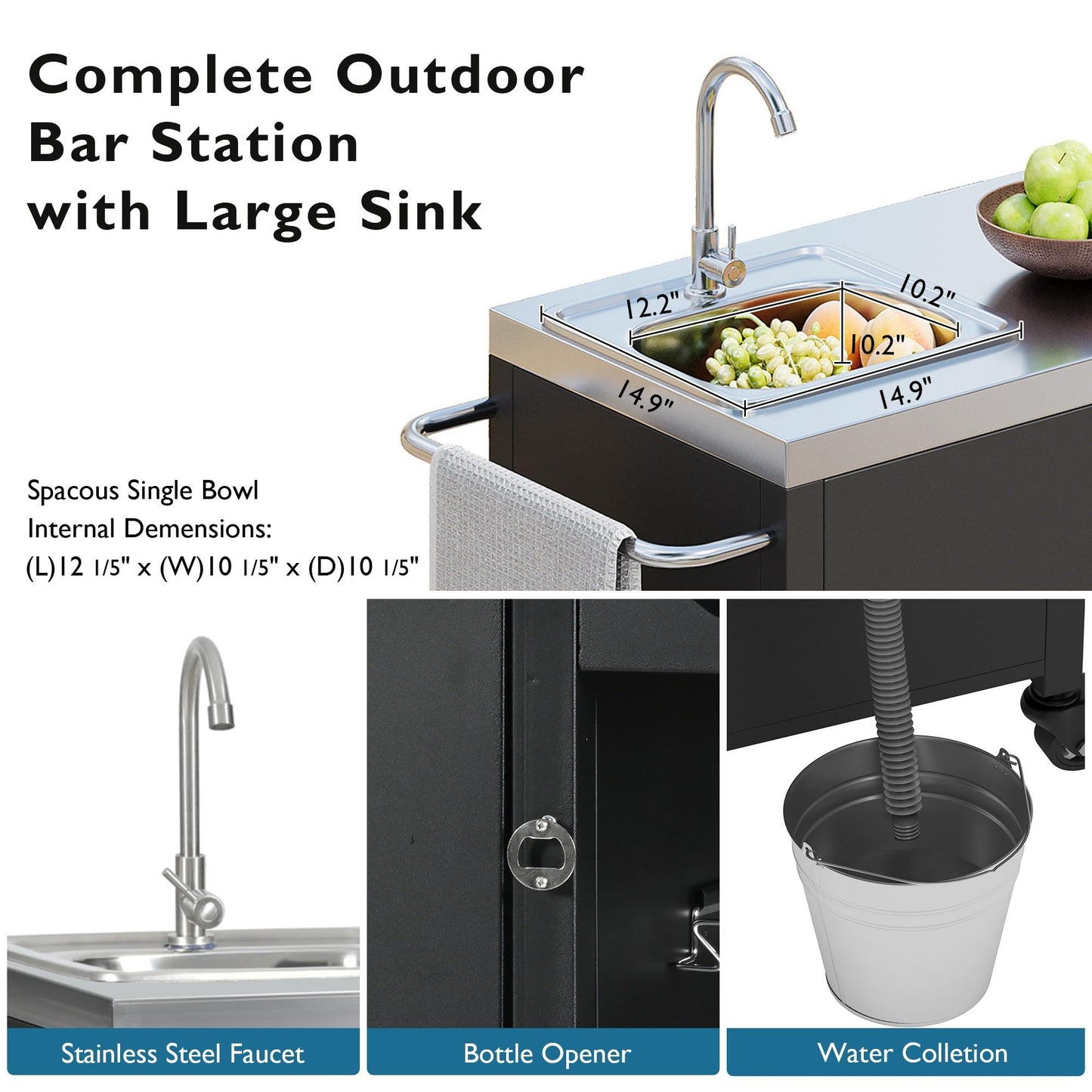 Merax 55.5" Outdoor Kitchen Island, Metal Grill Cart Table with 304 Stainless Steel Sink, Outdoor Bar Cart Sink Station with 4 Lockable Wheels for Pizza Prep & BBQ, Black
