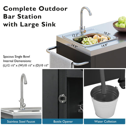 Merax 55.5" Outdoor Kitchen Island, Metal Grill Cart Table with 304 Stainless Steel Sink, Outdoor Bar Cart Sink Station with 4 Lockable Wheels for Pizza Prep & BBQ, Black