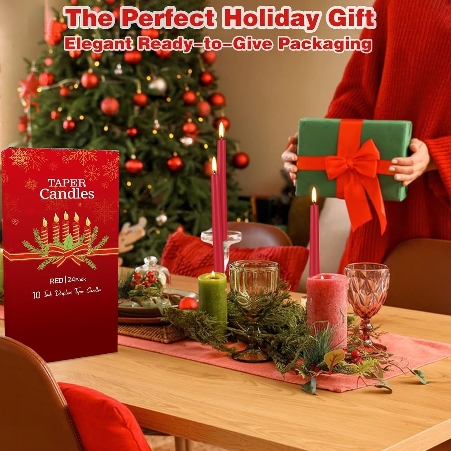 YOROXRG 24 Pack Red Taper Candles, 7-8 Hours Burn Time, Unscented, Smokeless and Dripless, 0.75 x 10 Inch Dinner Candle Set for Christmas,Household, Wedding, Party and Home Décor Candlesticks