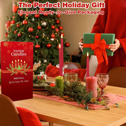 YOROXRG 24 Pack Red Taper Candles, 7-8 Hours Burn Time, Unscented, Smokeless and Dripless, 0.75 x 10 Inch Dinner Candle Set for Christmas,Household, Wedding, Party and Home Décor Candlesticks