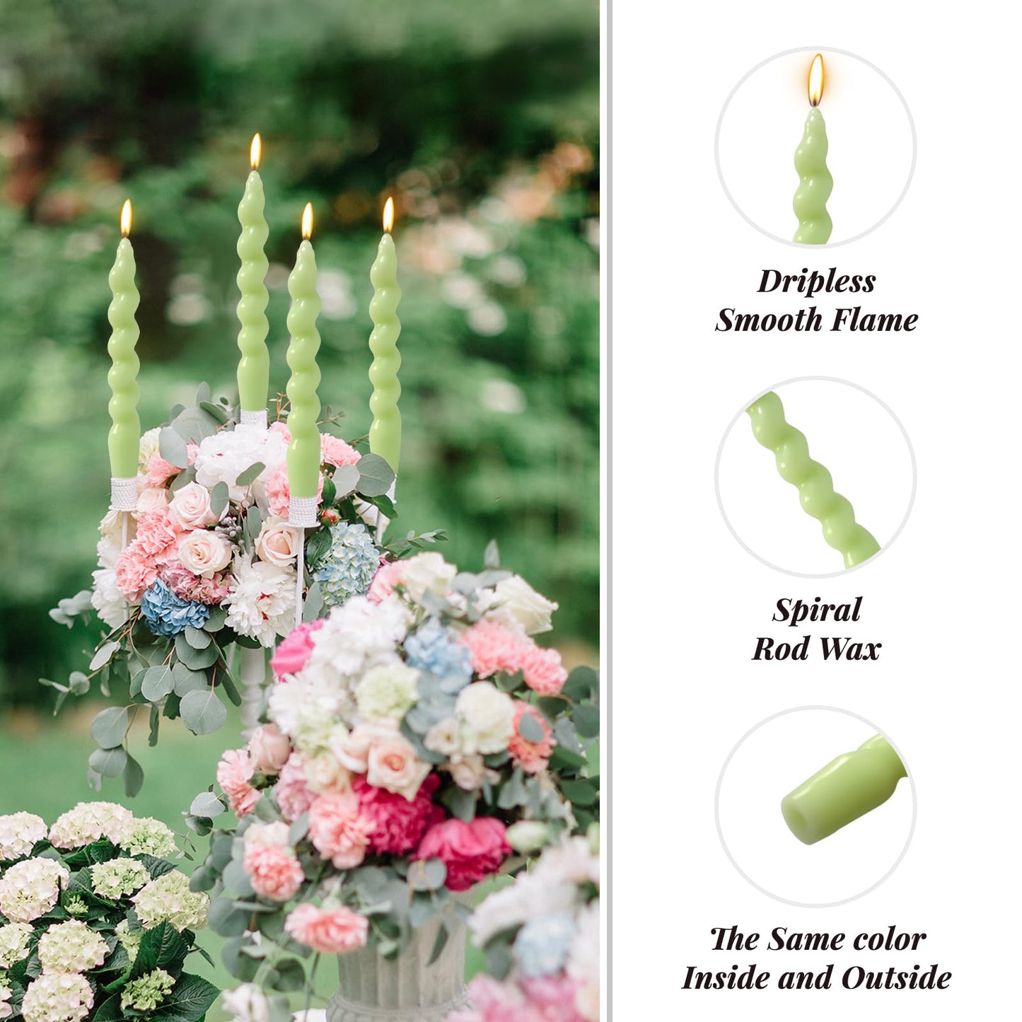 4 Pack 7 Inch Sage-Green Spiral Taper Candles, Unscented Dripless Fat Twisted Candlesticks for Home Décor Party and Celebrations