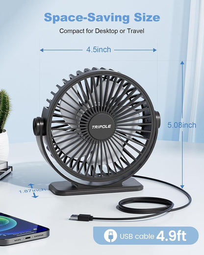 TriPole USB Powered Desk Fan - Portable Mini Fan with 3 Adjustable Speeds & 360° Rotation | Black, 4.9ft Cable