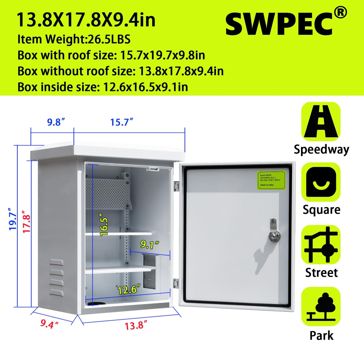 Metal Outdoor Enclosure with Rain Hood Electrical Box Weatherproof WiFi/Network Enclosure Breaker Box with Fan-Vent Design Cable Project Cabinet with Mounting Track Hole in Back 16X20X10