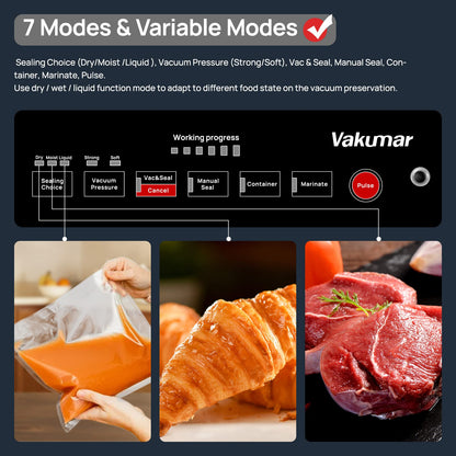 Vakumar Vacuum Sealer Machine, 90Kpa Liquid Food Vacuum Sealer Machine Preservation Dry/Moist/Liquid Modes, LED Indicator Light, Handle Locked Design, Built-in Cutter and Bag Storage, Starter Kit