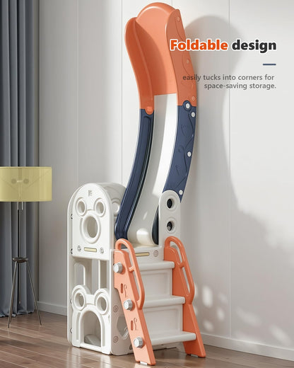 CHIIRAKU Toddler Slide L-Shaped, 5 in 1 Kids Slide Climber for Toddler, with Ball & Hoop, Indoor Outdoor Baby Playset, Anti-Slip, 65IN/165CM,Toy Storage, Ideal for Boys Girls Birthday