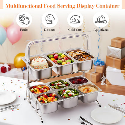 Lallisa 2 Tiered Ice Food Serving Tray Countertop Food Serving Display Container for Buffet Restaurant Party, with Clear Roll Top Cover 6+3 Pan Buffet Condiment Dispenser