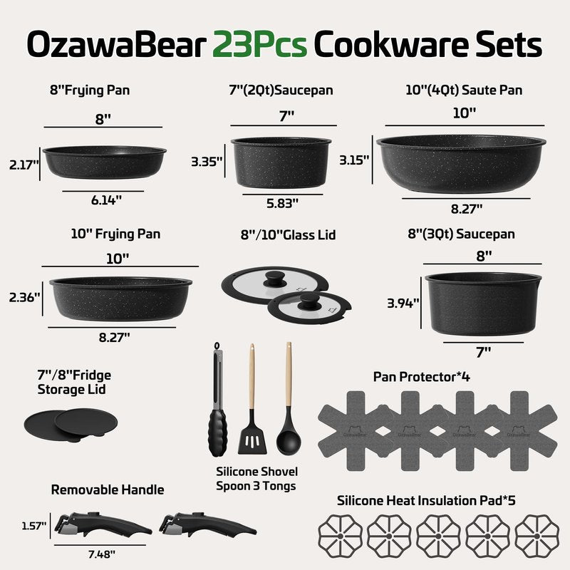 OzawaBear 23 Pcs Pots and Pans Set Non Stick, Ceramic Cookware Set Non Toxic with Detachable Handles, Healthy Induction Cookware Oven Safe RV Kitchen Set, PFAS PFOA & PTFE Free, Black