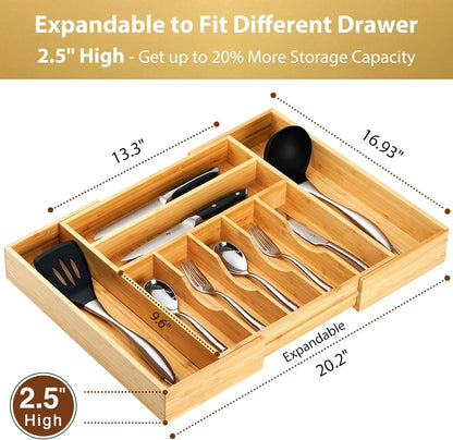 Umilife Bamboo Wood Silverware Organizer - Large Expandable Utensils Drawer Divider, 2.5" Adjustable Height
