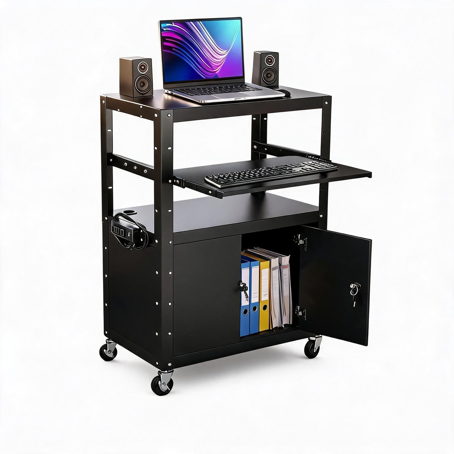 GarveeLife Portable AV Cart with Locking Storage Cabinet, Adjustable Laptop Stand & Drop Leaves, Rolling Workstation with Power Outlets for Classroom, Office, or Home Use
