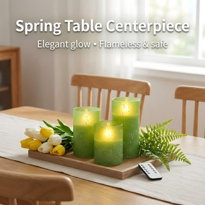 COVEGE Green Flameless Candles with Remote, Glass Flickering Battery Operated LED Pillar Candles with Timer, Real Wax, Set of 3 x4/5"/6"