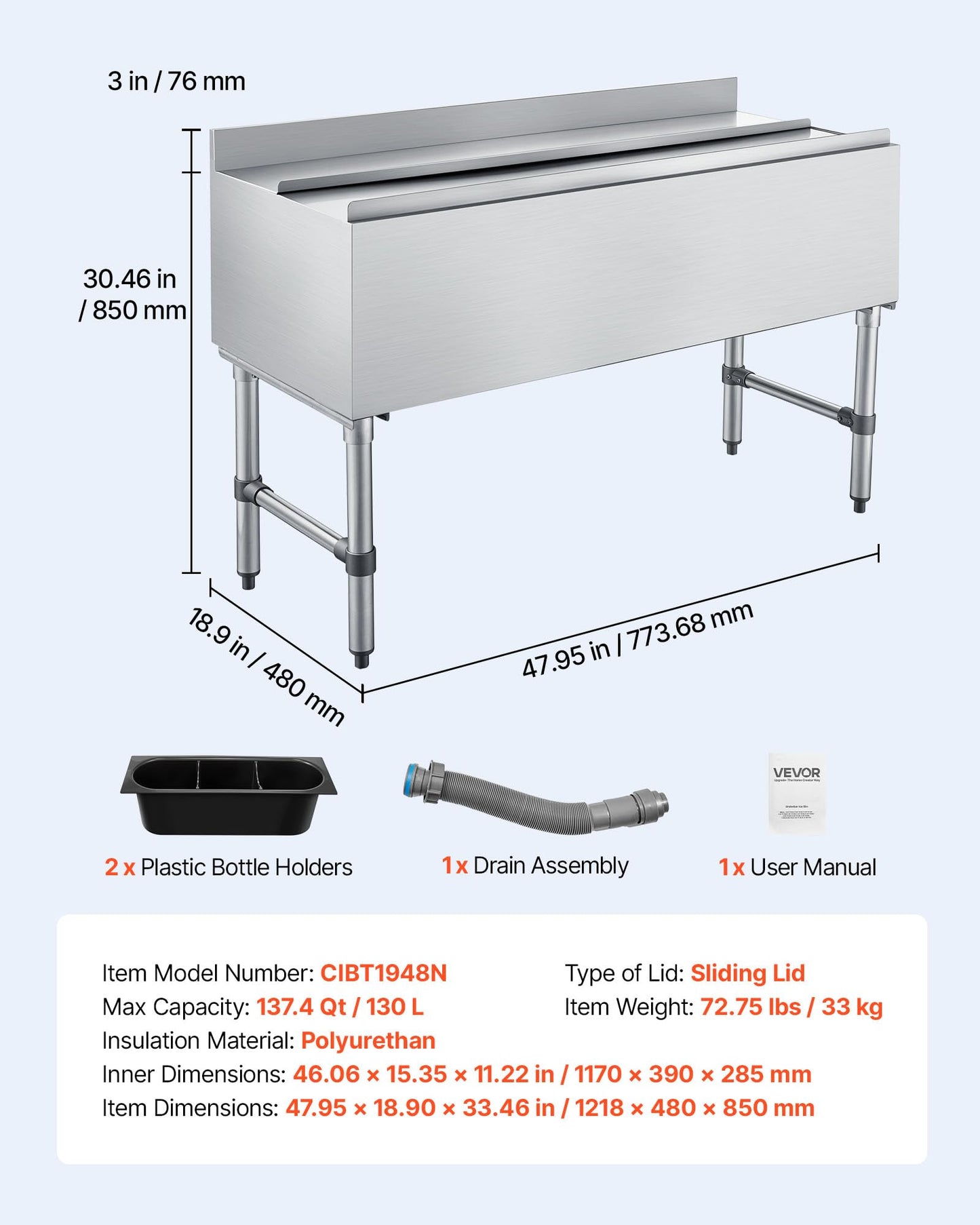 VEVOR Commercial Ice Bin, 137.4 Qt Max Capacity, 48 x 19 x 33 Inch Stainless Steel Ice Chest with Sliding Lid and Bottle Holders, Cooler Cart Cocktail Unit for Bar Restaurant Pub, NSF Certified