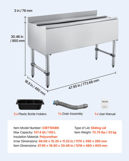 VEVOR Commercial Ice Bin, 137.4 Qt Max Capacity, 48 x 19 x 33 Inch Stainless Steel Ice Chest with Sliding Lid and Bottle Holders, Cooler Cart Cocktail Unit for Bar Restaurant Pub, NSF Certified