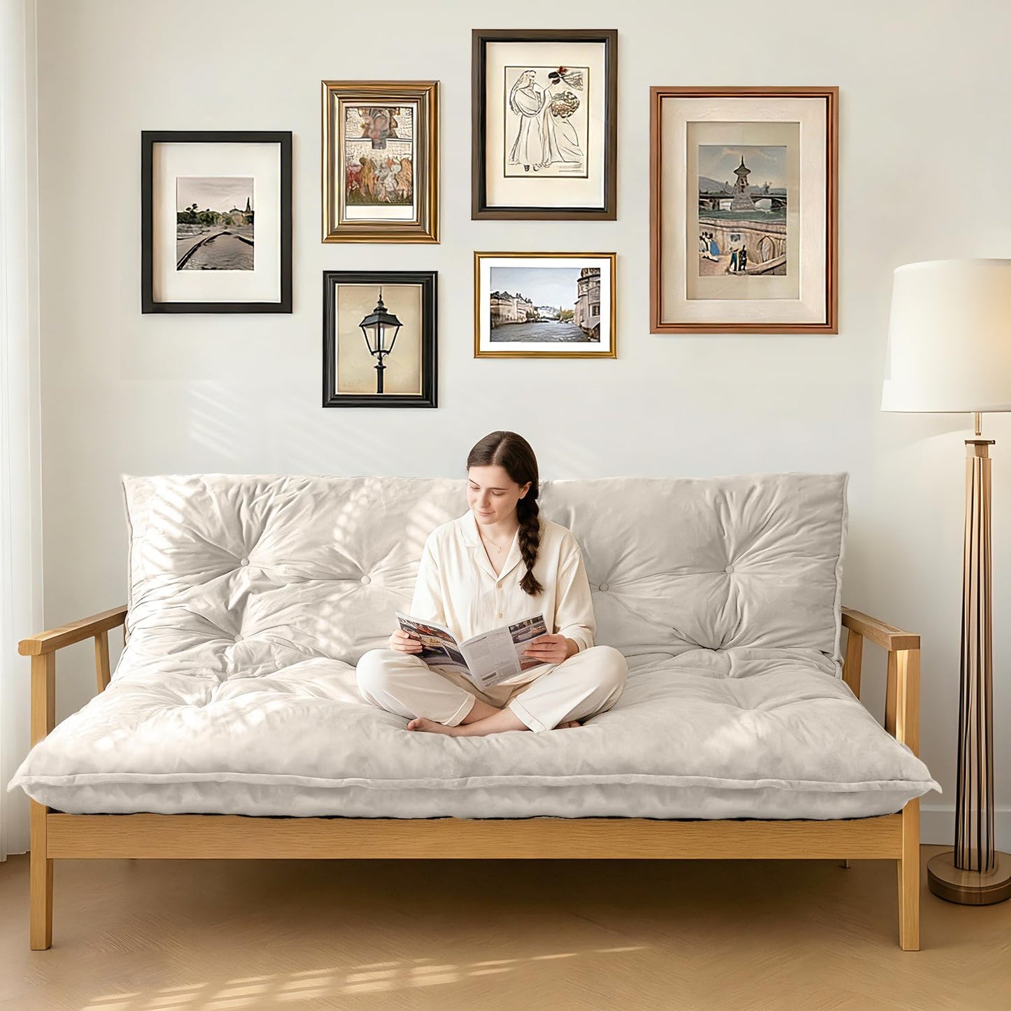 KOSRLY 6" Futon Mattress Full Size, Tufted Futons Sofa Couch Bed with Twisted Rope Design Edging,Versatile Floor Mattress for Adults，Shredded Foam Filling (Frame Not Included Beige, Queen)