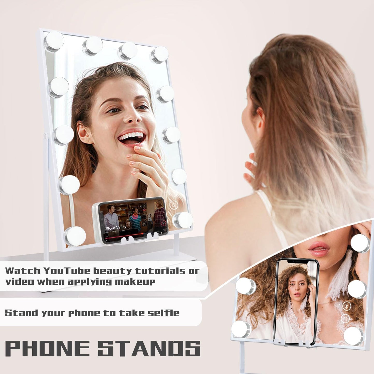 COOLJEEN Makeup Mirror Vanity Mirror with Lights - 12 Led Bulbs Lighted Hollywood Mirror, 10X Magnification,3 Color Modes, Touch Control, Women Gift (White)