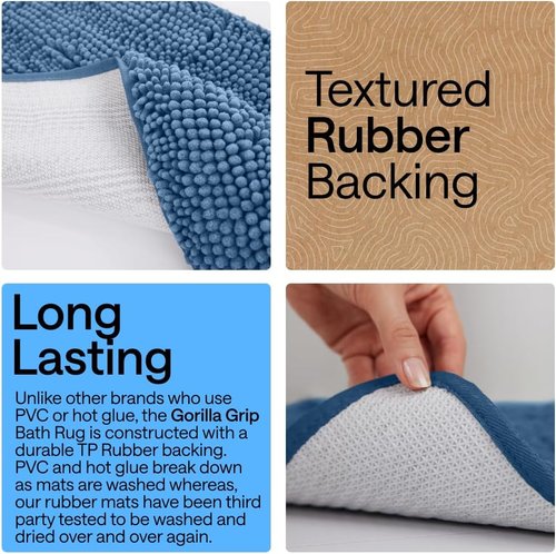 GORILLA GRIP Bath Rug Mat - Soft Absorbent Chenille | Quick Dry Microfiber, Rubber Backing, 24x17, Blue