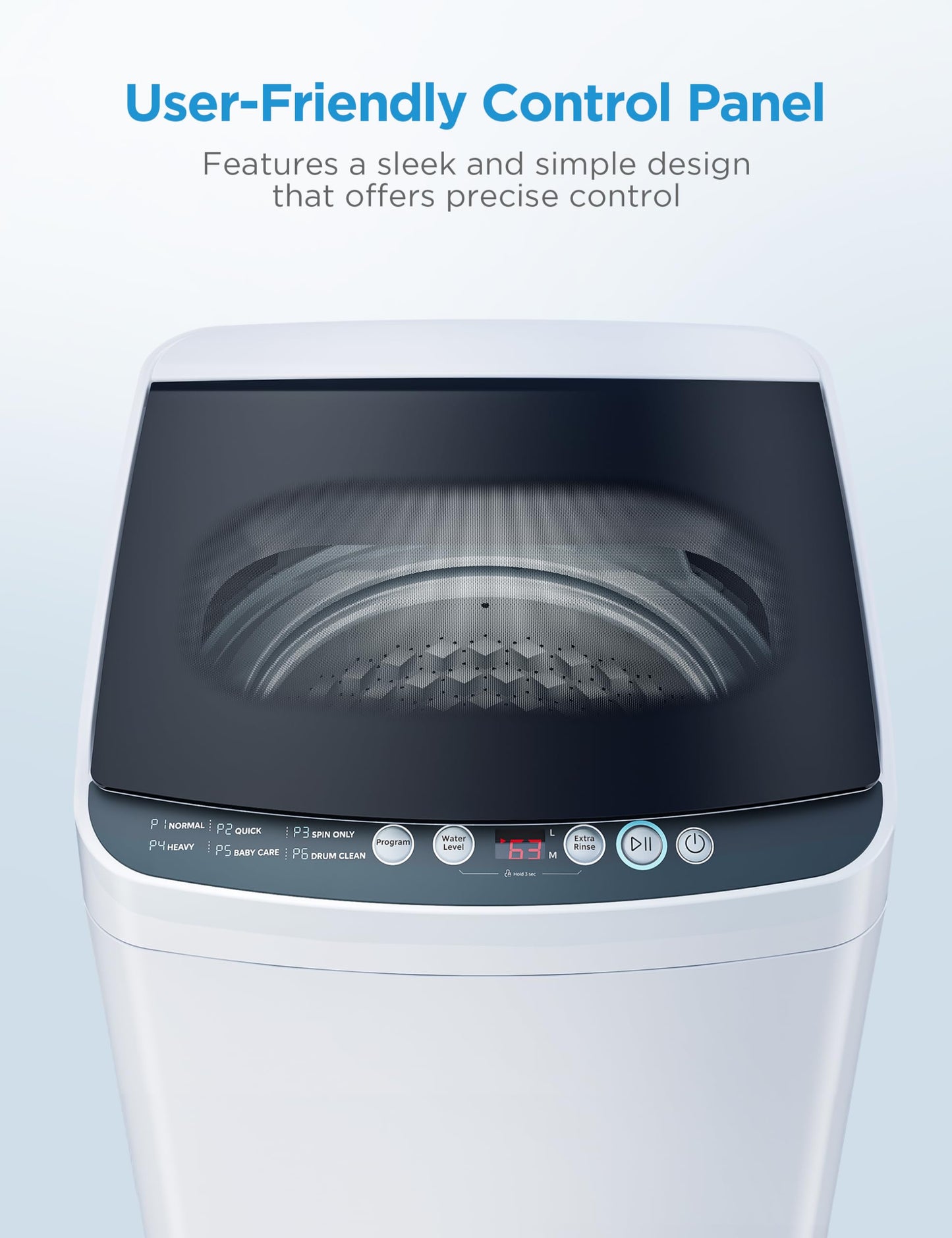 Midea Portable Washing Machine, 0.9 cu. ft with 6 Cycles, Drum Clean, Quick, Stainless Steel Tub, Transparent Lid, LED Display Washing Machine, White