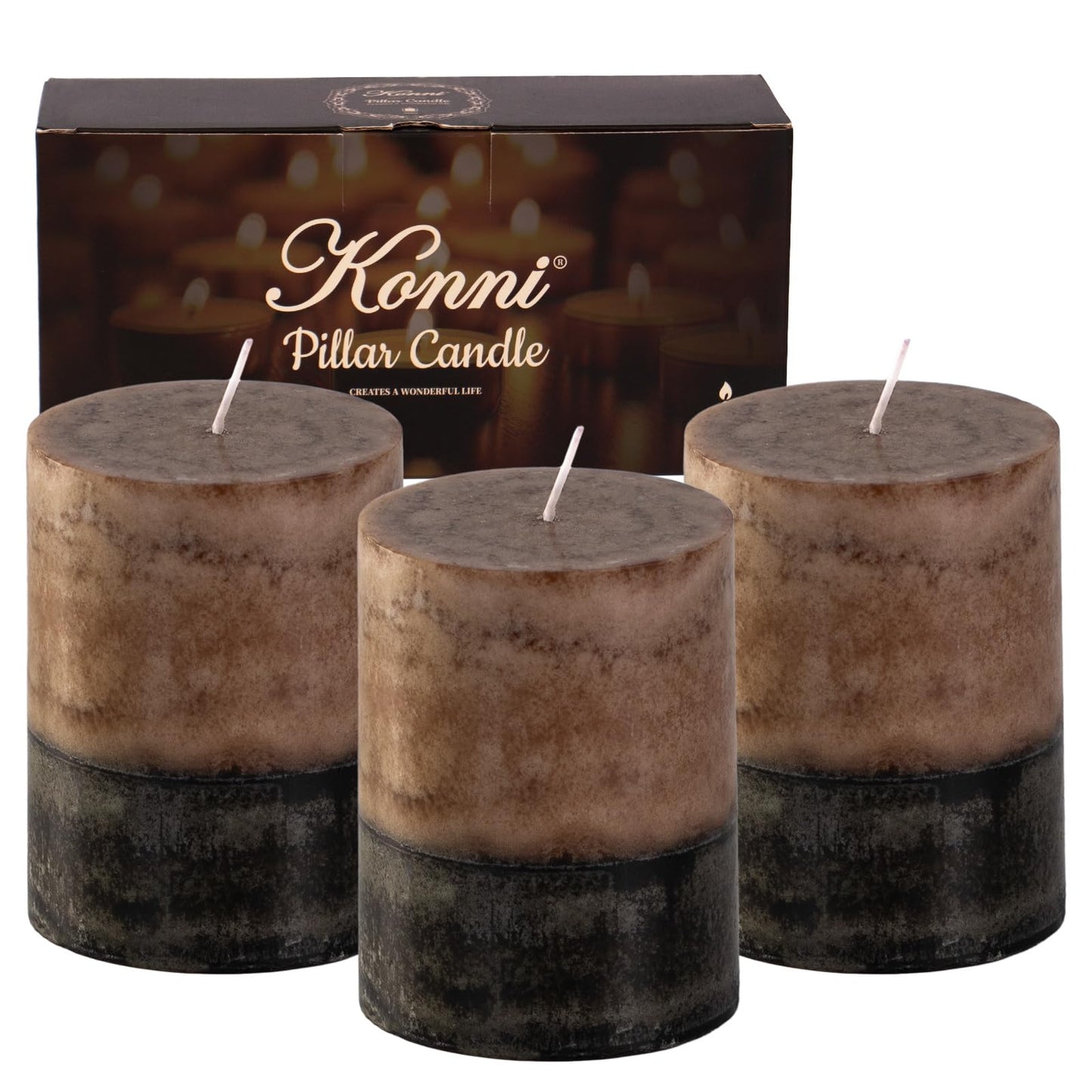 KONNI Coffee Layered Pillar Candles Set of 3, 3"x 4" Unscented Pillar Candles Bulk, 39 Hours Long Burning Candles, Smokeless&Dripless Round Candle for Wedding, Home Decoration, Parties, Spas, Dinner