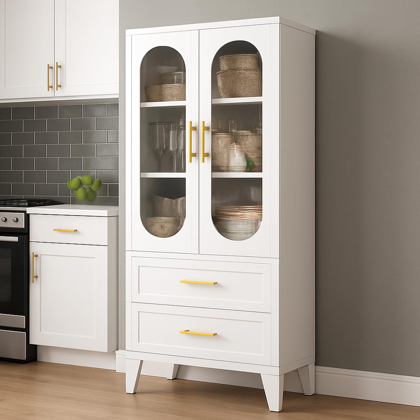 Takywep 73" Tall Pantry Cabinet, White Freestanding Storage Cabinet with Fluted Glass Door, 2 Spacious Drawers & Adjustable Shelves, Slim 14" Deep Organizer for Kitchen, Bathroom, Office, or Hallway