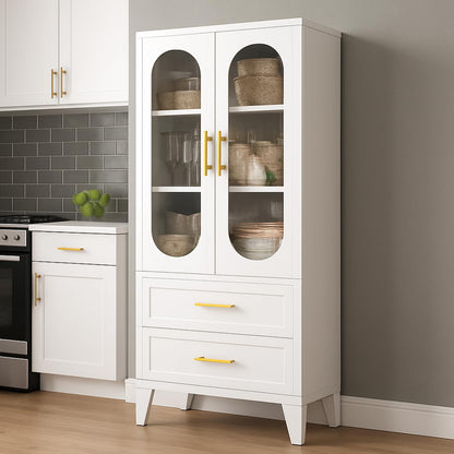 Takywep 73" Tall Pantry Cabinet, White Freestanding Storage Cabinet with Fluted Glass Door, 2 Spacious Drawers & Adjustable Shelves, Slim 14" Deep Organizer for Kitchen, Bathroom, Office, or Hallway