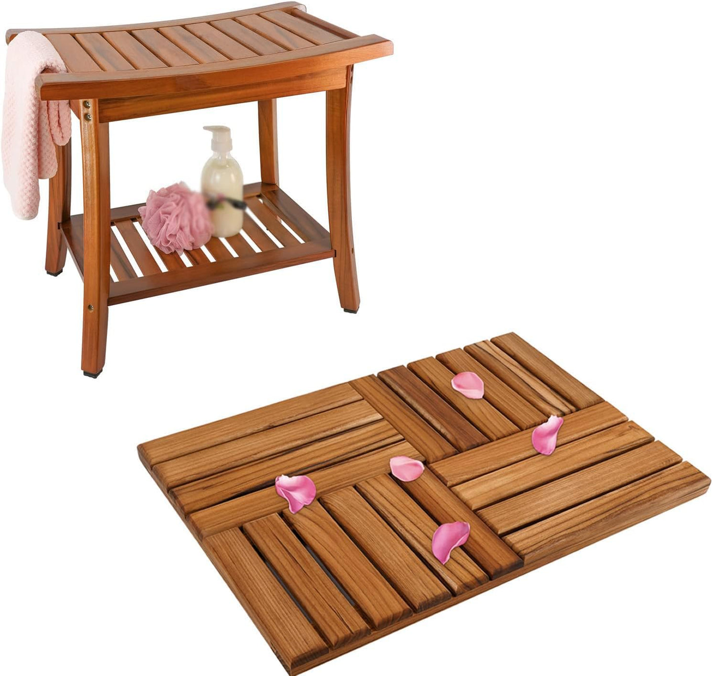 Utoplike Teak Shower Bench Seat with Handles and 24 x 16 inch Teak Wood Bath Mat Set