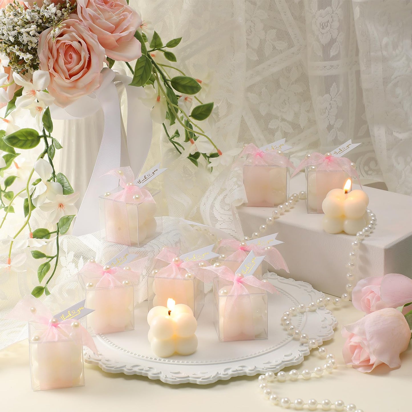 Nuanchu 30 Sets Bridal Shower Favors Pink 1.6" Mini Bubble Candles Wedding Favors Gifts for Guests Aesthetic Bubble Candles Baby Shower Favor with Thank You Card Ribbon for DIY Baptism Gift