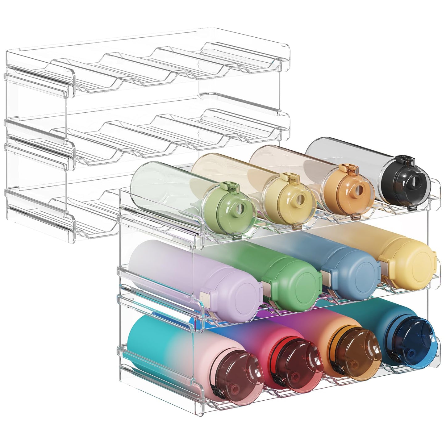 Lifewit Stackable Water Bottle Organizer for Cabinet, Plastic Bottle Holder Fits Bottles & Tumblers up to 3.8" Diameter, Pantry, Countertop & Fridge, 2 Tier Holds 8 Bottles