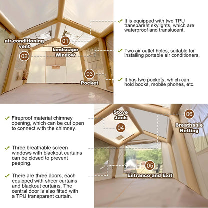 SENLEETO Large Inflatable Tent for Camping 10-12 Person, 10 * 13ft Inflatable Hot Tent with Stove Jack, Blow up Tents with Canopy,Easy Setup Inflatable Camping Tent,4 Season Glamping Tents