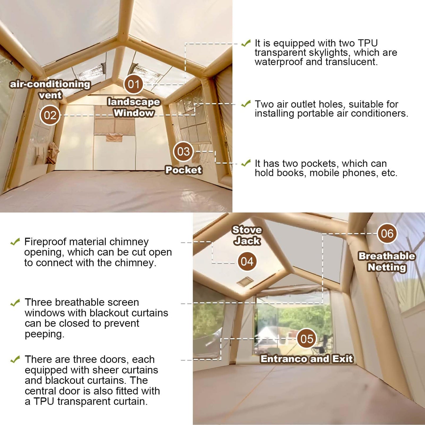 SENLEETO Large Inflatable Tent for Camping 10-12 Person, 10 * 13ft Inflatable Hot Tent with Stove Jack, Blow up Tents with Canopy,Easy Setup Inflatable Camping Tent,4 Season Glamping Tents