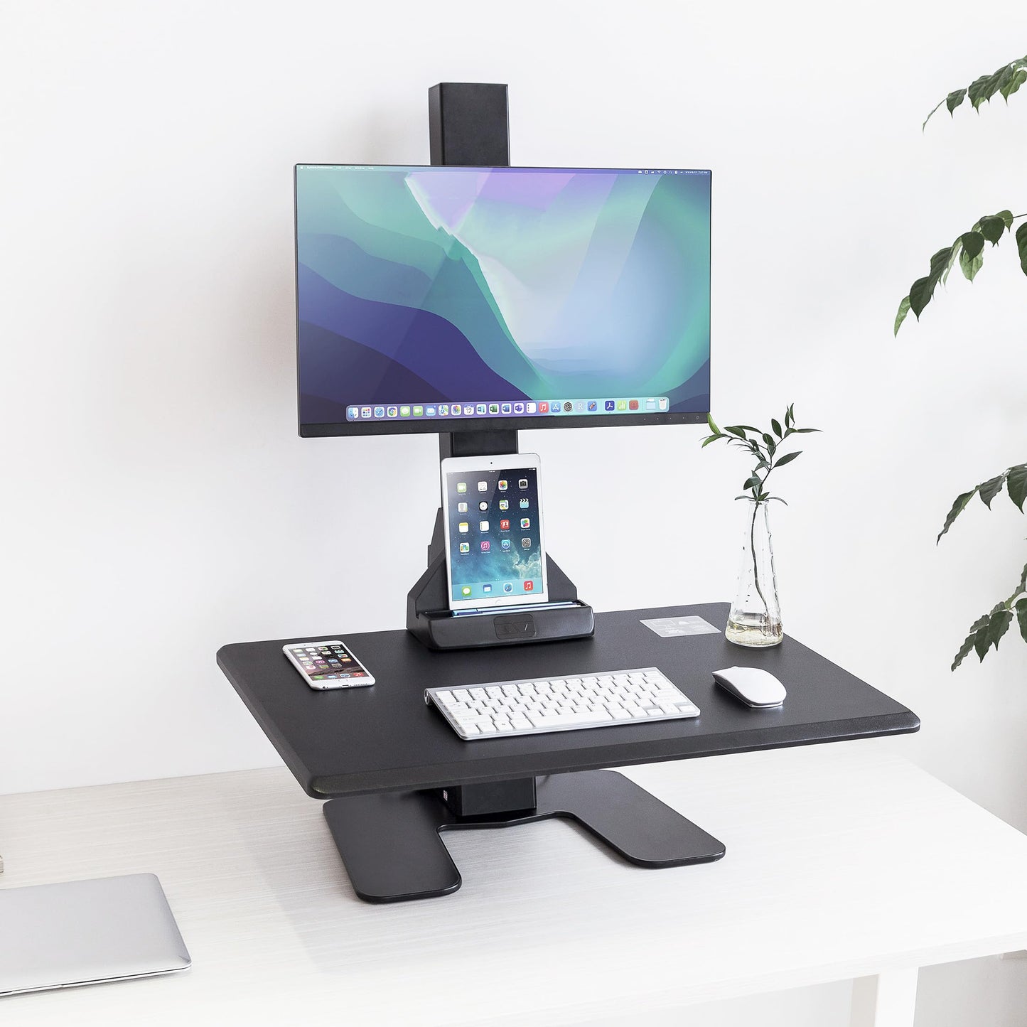 Mount-It! Electric Standing Desk Converter - Motorized Sit-Stand Desk Riser with Monitor Mount, Standup Powered Desktop Lift for Single Monitor up to 32", 28" Wide Keyboard Tray, Adjustable Height