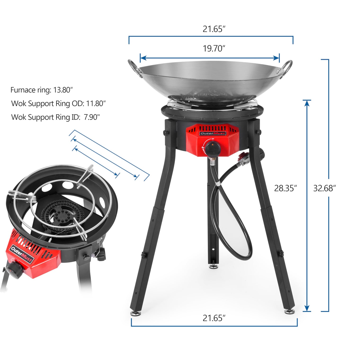 Outdoor Cooker with Iron Wok and Propane Burner, 54,000 BTU High-Pressure Gas Stove with Electronic Ignition & Adjustable Support Stand for Backyard BBQ, Tailgating, Outdoor Cooking