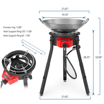 Outdoor Cooker with Iron Wok and Propane Burner, 54,000 BTU High-Pressure Gas Stove with Electronic Ignition & Adjustable Support Stand for Backyard BBQ, Tailgating, Outdoor Cooking