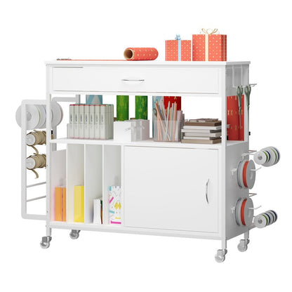 Zethvax Height-Adjustable Gift Wrapping Station with Paper Clamp & Adhesive Measuring Tape,Rolling Wrapping Paper Cart with Ribbon & Gift Bag Storage, Craft Organizer Workstation (White)