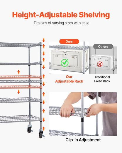 VEVOR 5-Tier Rolling Bin Storage Rack, 16 Organizer Bins, Bin Rack Storage Steel Wire Shelving System with Wheels, Mobile Tool Organizer for Garage, Warehouse, Office, Restaurant, Classroom, Kitchen