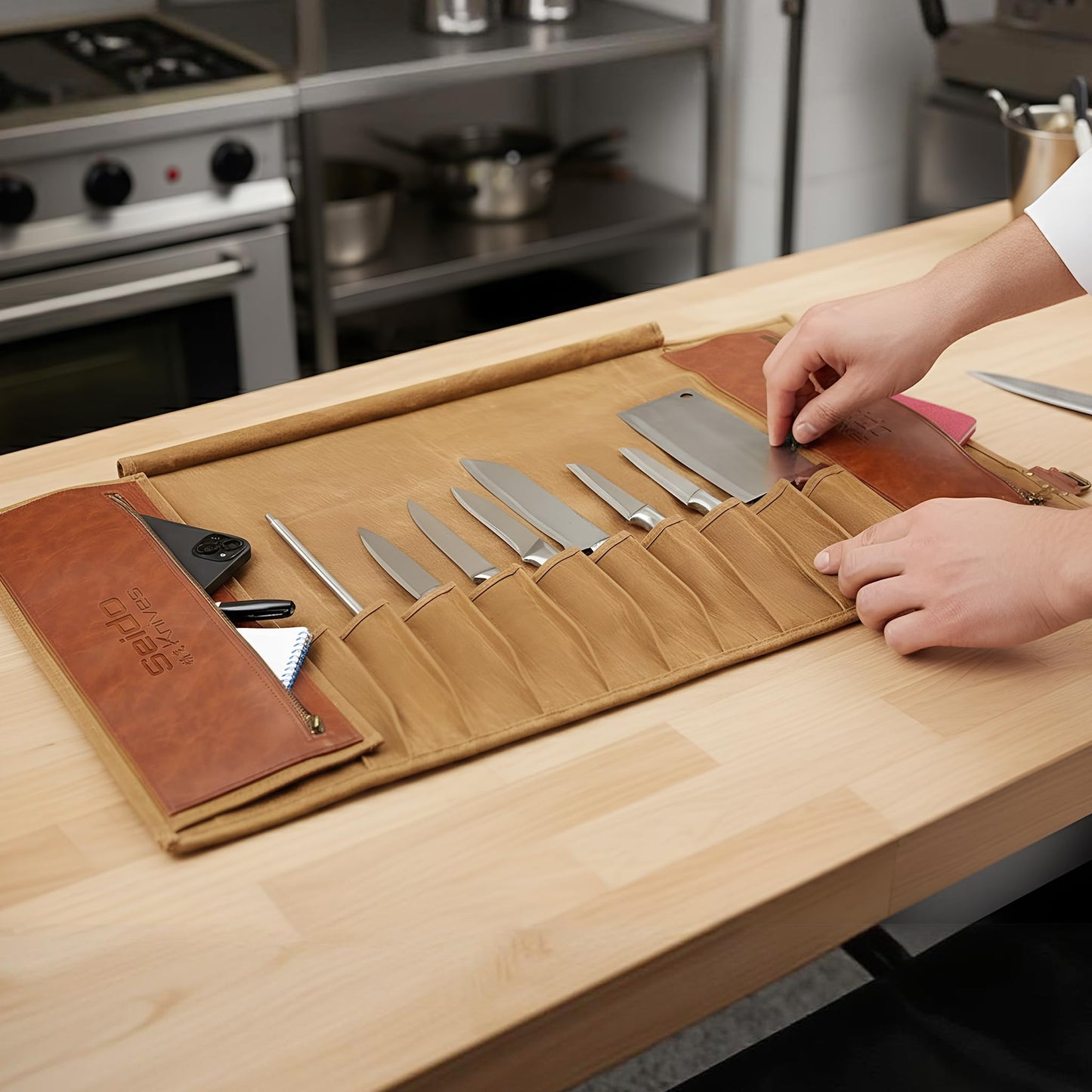 Seido Knives Classic Knife Roll Bag - Heavy Duty Canvas & Leather - Holds 18 Culinary Tools, Including 12 Large Knives, 4 Utensil Slots, and 2 Meat Cleaver Compartments