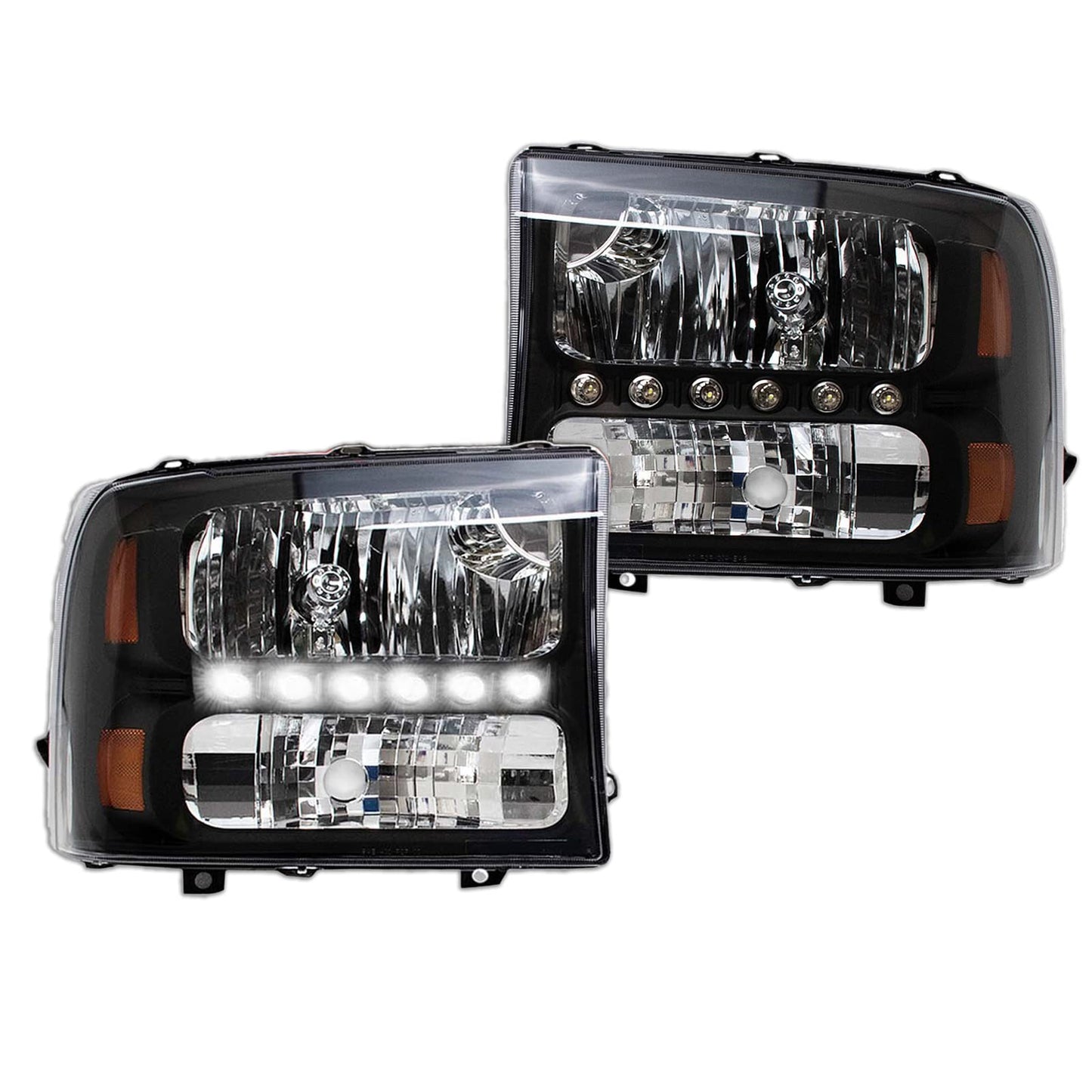 TRQ 2 Piece Headlight Assembly Set Performance LED Daytime Running Lights Black Bezel Driver & Passenger Side Compatible with Ford Excursion 2000-2004 F250 F350 1999-2004 F450 F550 1999-2003