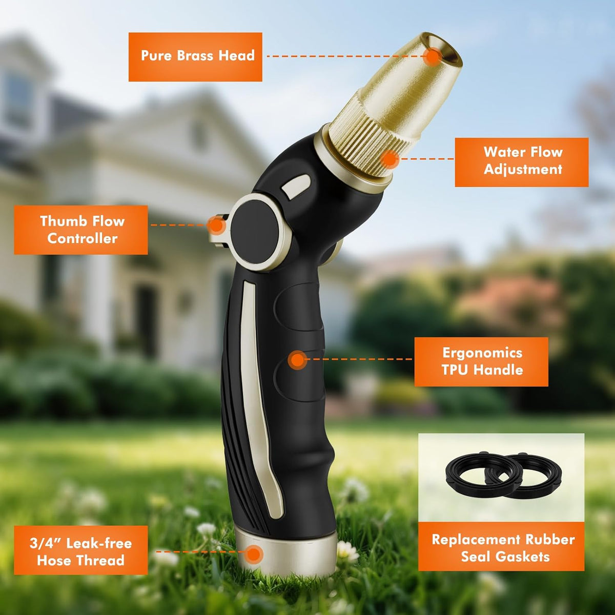 RESTMO High Pressure Hose Nozzle - Heavy Duty Brass Head | Adjustable Thumb Flow Control, 4 Spray Patterns