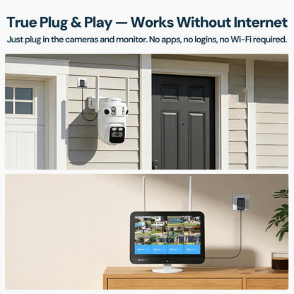 yeewise Triple Lens Wireless Security Camera System with 12" Monitor, 180° Wide View + 360° PTZ AI Tracking, WiFi 6, 16CH NVR, 24/7 Recording, 500GB HDD, No Monthly Fee, Plug-in Power
