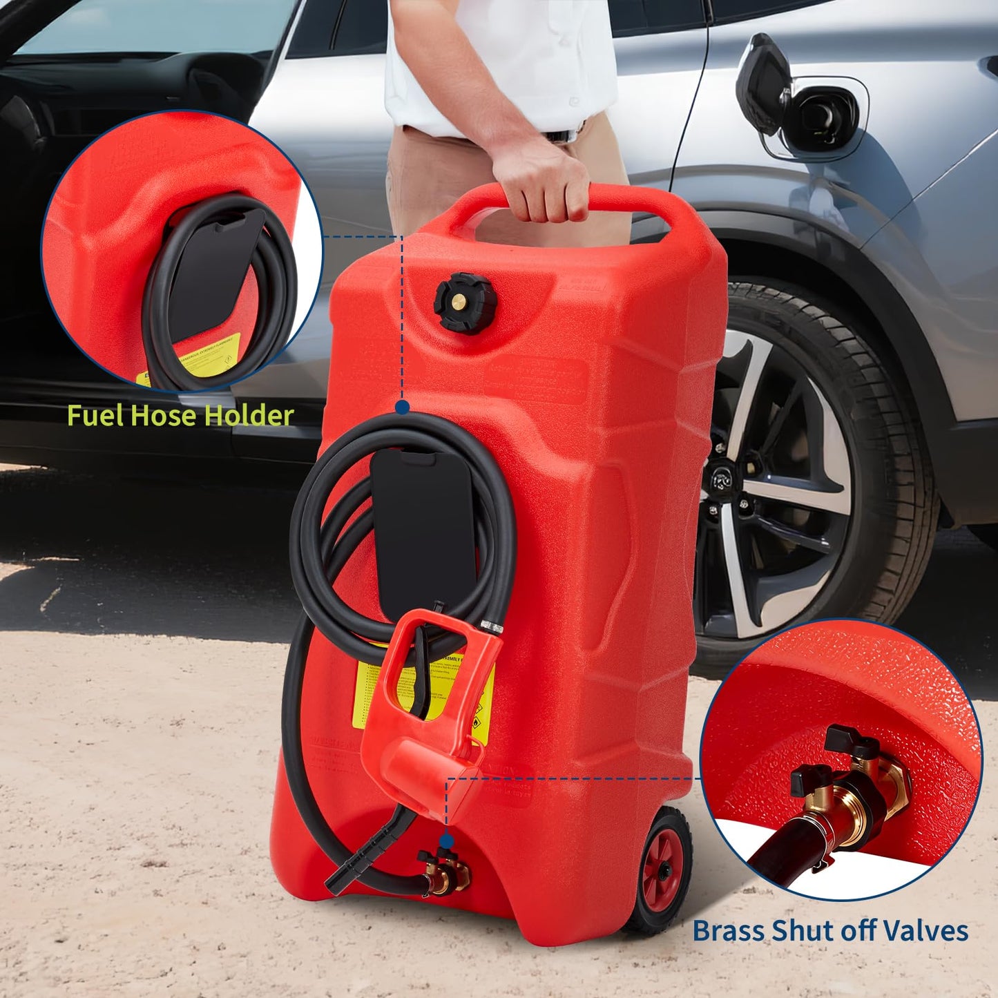 PeacefulHues Upgraded 16 Gallon Gas Tank, Heavy-Duty Fuel Can with Manual Transfer Pump & 10FT Hose, Portable Gas Can with Casters, Leak-Proof Gas Container for Lawn Mowers, Tractor, Boat, Snow Blow