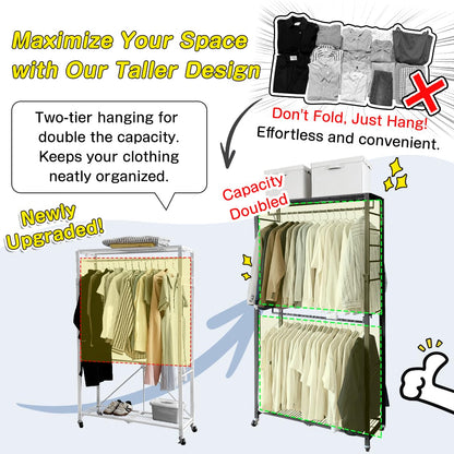 lumizone Folding Clothing Rack with Wheels Expandable Wardrobe Portable Clothes Rack for Hanging Clothes Adjustable Closet Shelves Garment Rack Durable Closet Racks for Hanging Clothes (Pro White)