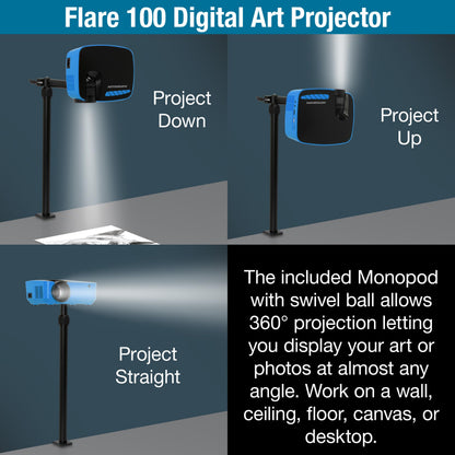 Artograph Flare 100 Digital Art Projector with Adjustable Monopod Stand, Blue/Black – 1080p Native Resolution, Built-In Art Grids for Drawing and Tracing, WiFi and HDMI Compatible